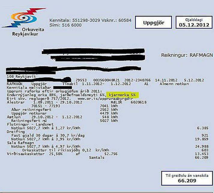 kjarnorkureikningurinn Samkvæmt reikningnum eru 5% af rafmagni notandans framleidd með kjarnorku.