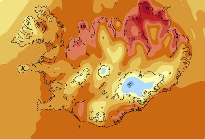 Hitaspá Veðurstofu Íslands fyrir laugardag.