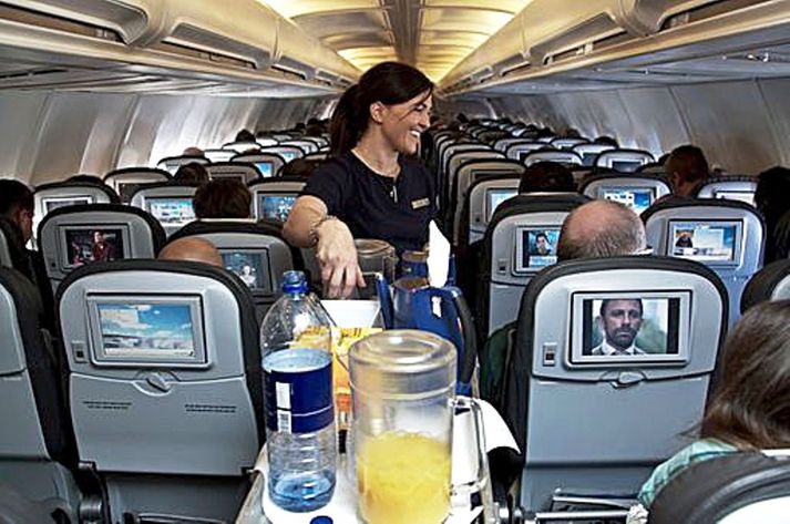 Um borð í vél Icelandair.