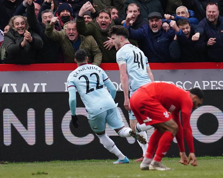 Declan Rice jafnaði metin fyrir West Ham á ögurstundu í dag.