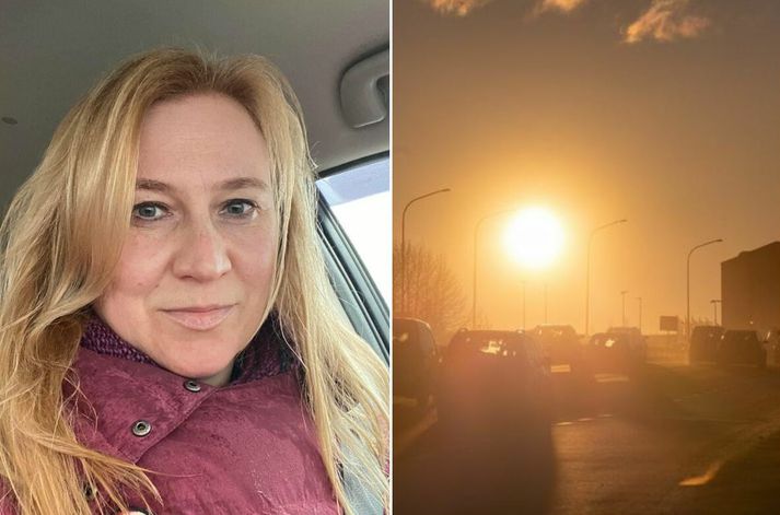 Gosmengun frá eldgosinu í Sundhnúksgígaröðinni liggur yfir höfuðborginni í dag.