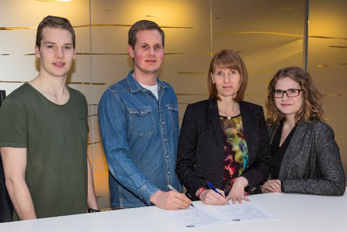 Vignir Guðmundsson og Stefán Þór Helgason frá Klak Innovit ásamt Nótt Thorberg og Bergþóru Aradóttur frá Marel.