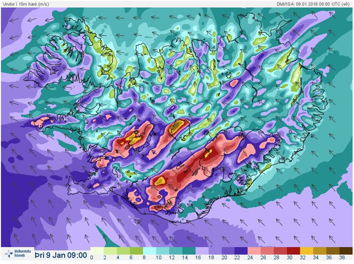 Vindaspá Veðurstofu Íslands núna klukkan 9.