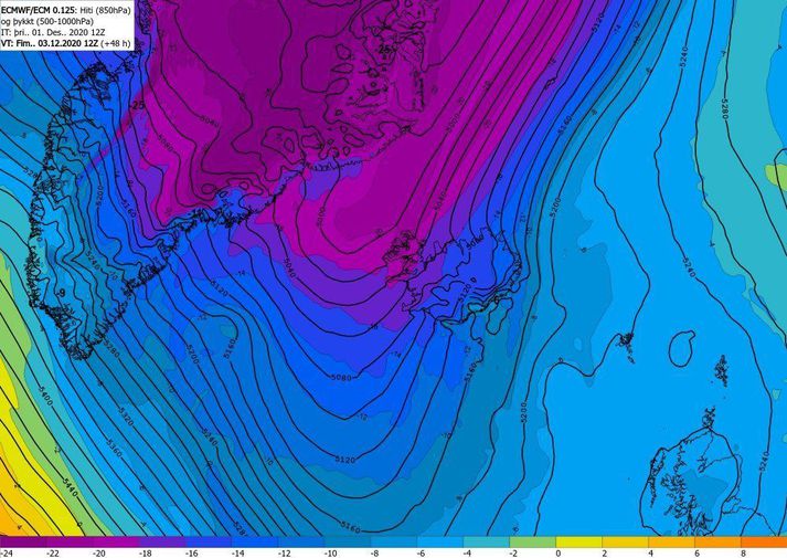 Spákort ECMWF sem sýnir í litum hita í 850 hPa.