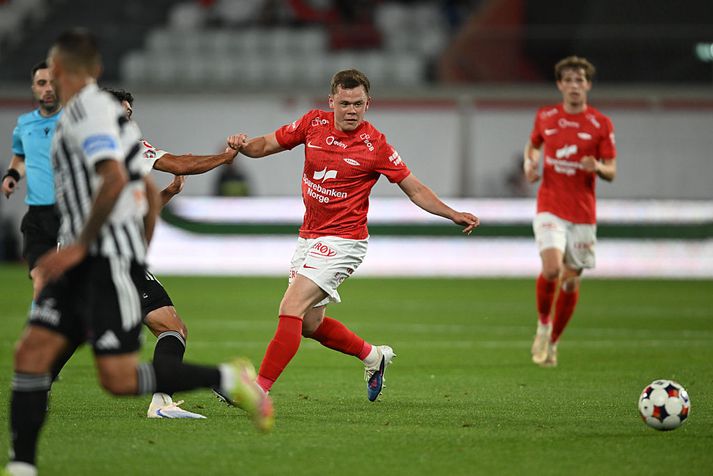 Eggert Aron Gudmundsson í leik í Sambandsdeildinni gegn Cluj á dögunum.