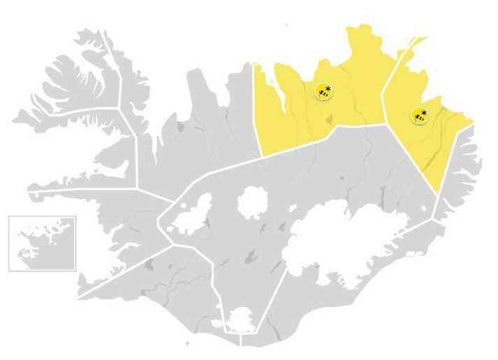 Gular viðvaranir taka gildi klukkan 16 á Norður-og Austurlandi.