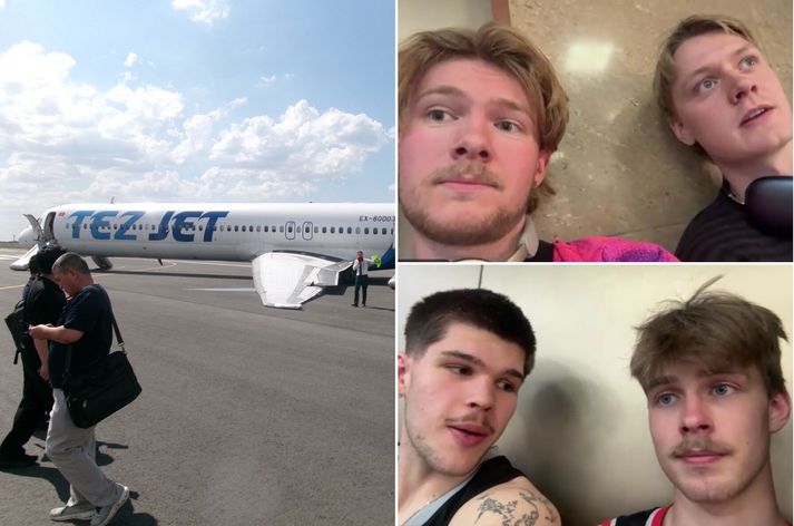 Rétt fyrir flugtak heyrðist hvellur og skyndilega hallaði vélin á aðra hliðina, þannig að vængurinn lá nánast flatur á flugbrautinni. Flugmönnum tókst að stöðva vélina strax.