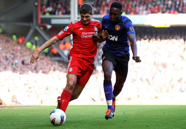 Gerrard í leik með Liverpool gegn Manchester United fyrr í þessum mánuði.