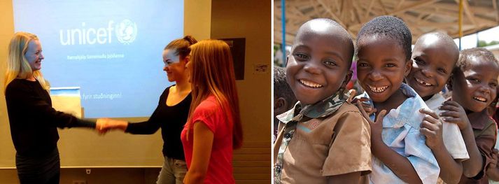 Þær stöllur fá afhent viðurkenningarskjal í Setbergsskóla í dag en söfnun þeirra hjálpar bágstöddum börnum um heim allan.