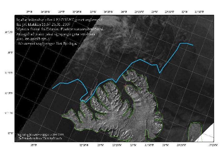 Gervitunglamynd sem tekin er af heimasíðu Veðurstofu Íslands. Hún sýnir hversu nálægt landi hafís var kominn um hádegi.