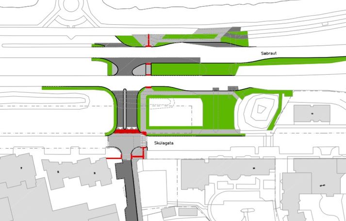 Á myndinni má sjá hvernig nýju gatnamótin munu koma til með að líta út. Umferðarljós verða á gatnamótunum sem talin eru nýtast ferðamönnum sem reglulega ganga yfir Sæbraut.