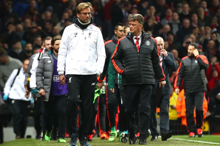 Louis van Gaal og Jürgen Klopp á Old Trafford í gær.