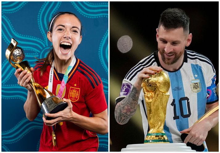 Hin spænska Aitana Bonmati með heimsbikarinn sem Spánn vann 2023 og hinn argentínski Lionel Messi með heimsbikarinn sem Argentína vann 2022.