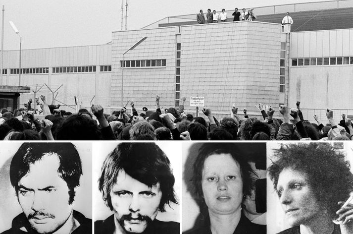 Mótmæli við Stammheim-fangelsið eftir andlát fanganna og meðlimirnir fjórir sem létust í fangelsinu: Baader, Raspe, Meinhof og Ensslin.