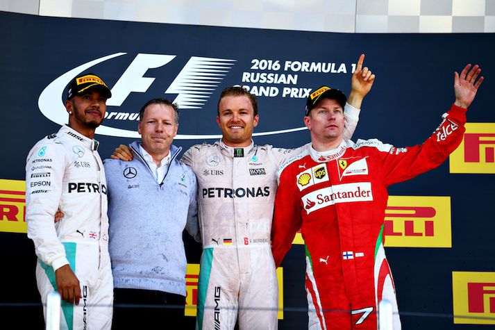 Verðlaunapallur dagsins, Hamilton, Rosberg og Raikkonen.