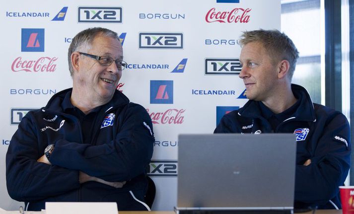 Lars Lagerbäck, til vinstri, og Heimir Hallgrímsson.