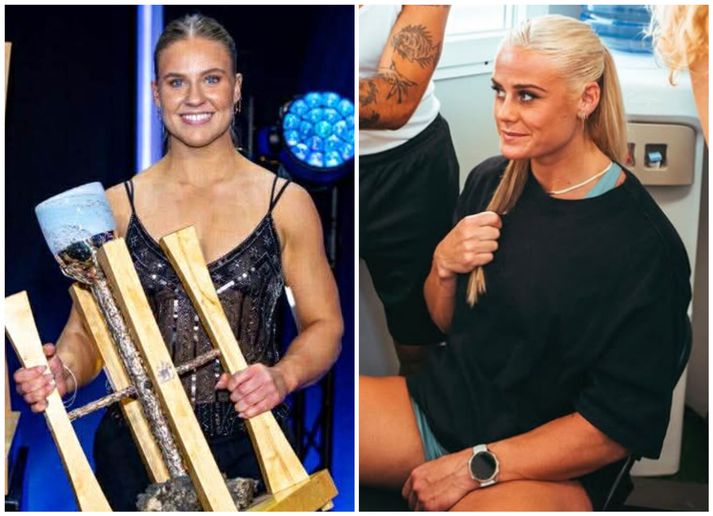 Eygló Fanndal Sturludóttir með verðlaun sín sem Íþróttamaður ársins 2025 og svo Sara Sigmundsdóttir.