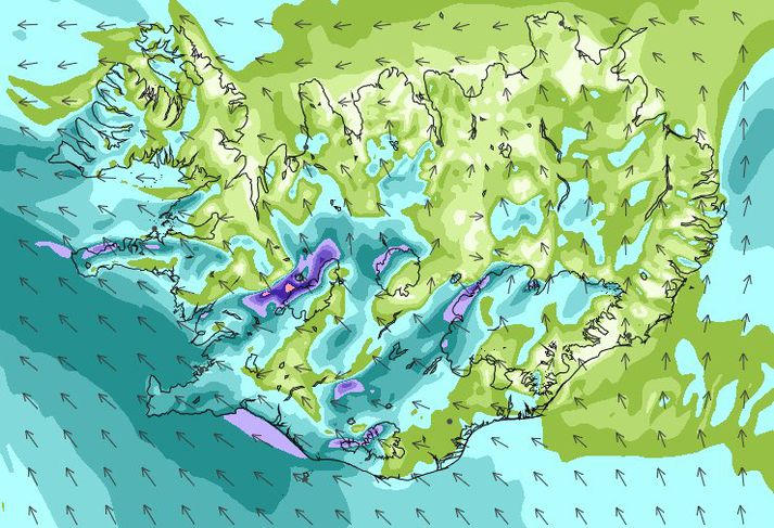 Vindaspá Veðurstofunnar á miðnætti í kvöld.