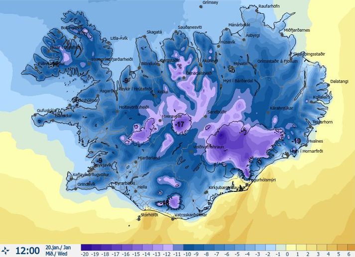 Kuldaspákort Veðurstofunnar fyrir tólf á hádegi í dag.