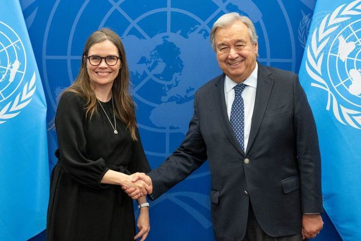 Katrín Jakobsdóttir og Antonio Guterres í New York í gær.