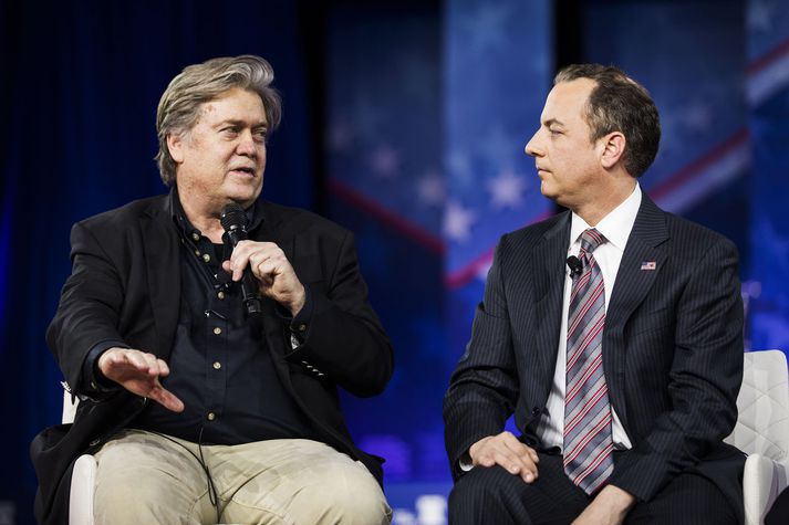 Steve Bannon og Reince Priebus komu saman á ráðstefnu Repúblikanaflokksins í fyrrakvöld þar sem þeir ræddu samstarfið.