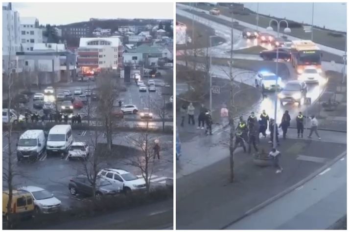 Töluverður viðbúnaður lögreglu var við Héraðsdóm Reykjaness í Hafnarfirði vegna mótmælanna.