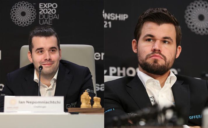 Þeir Ian Nepomniachtchi og Magnus Carlsen á blaðamannafundi í gær. 192 lönd taka þátt í EXPO 2020 Dubai ráðstefnunni sem stendur yfir út mars 2022.