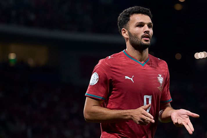 Goncalo Ramos fagnar sigurmarkinu gegn Noregi í kvöld.