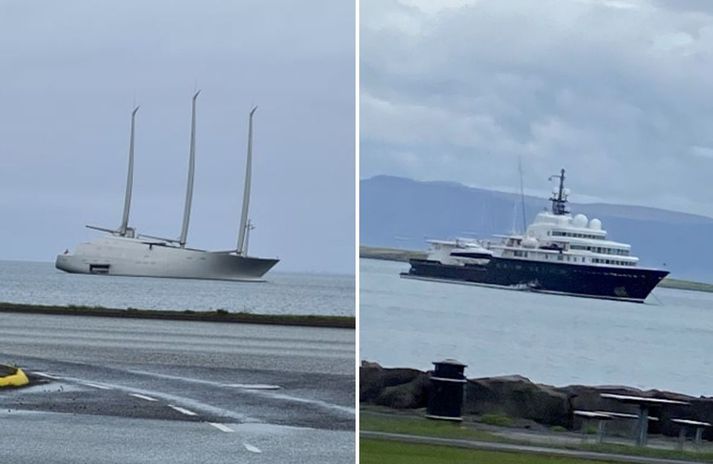 Lúxussnekkjurnar tvær í Reykjavíkurhöfn; Sailing Yacht A til vinstri og Le Grand Bleu til hægri.