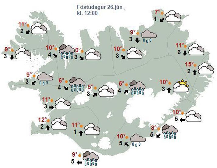 Spákort Veðurstofunnar fyrir hádegið eins og það lítur út um klukkan átta.