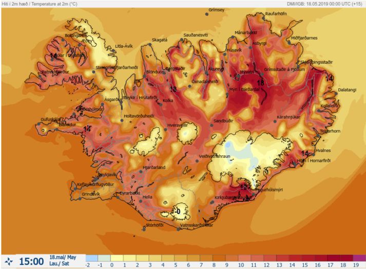 Hitaspáin eins og hún lítur út klukkan 15 í dag.