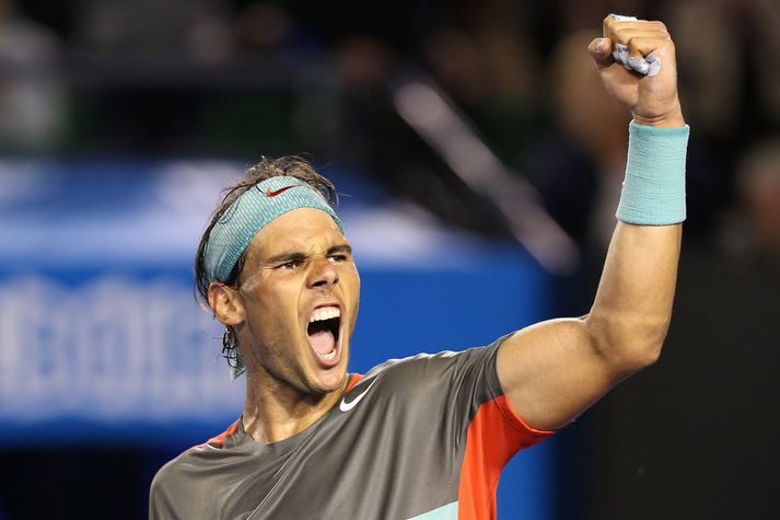 Rafael Nadal fagnar hér sæti í úrslitaleiknum.