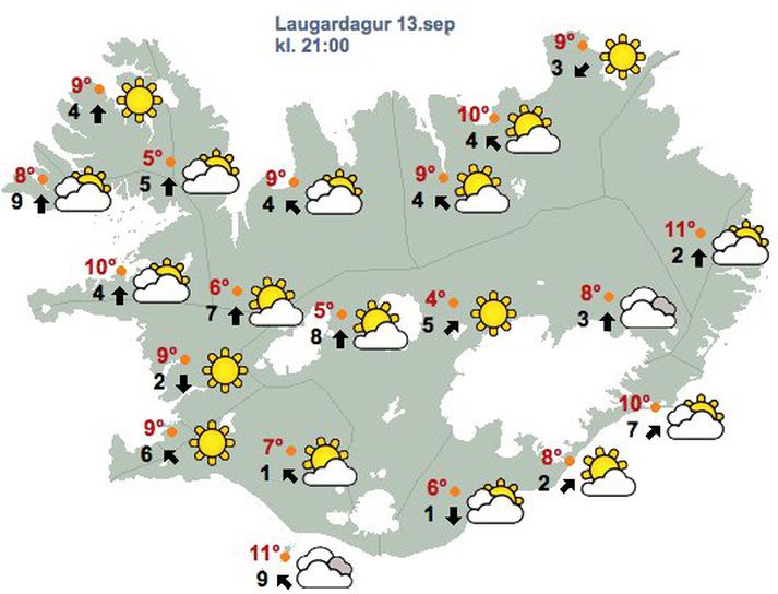 Svona lítur spáin út klukkan 21 í kvöld.