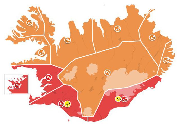 Rauðar viðvaranir hafa verið gefnar út á fjórum landsvæðum; Höfuðborgarsvæðinu, Faxaflóa, Suðurlandi og Suðausturland