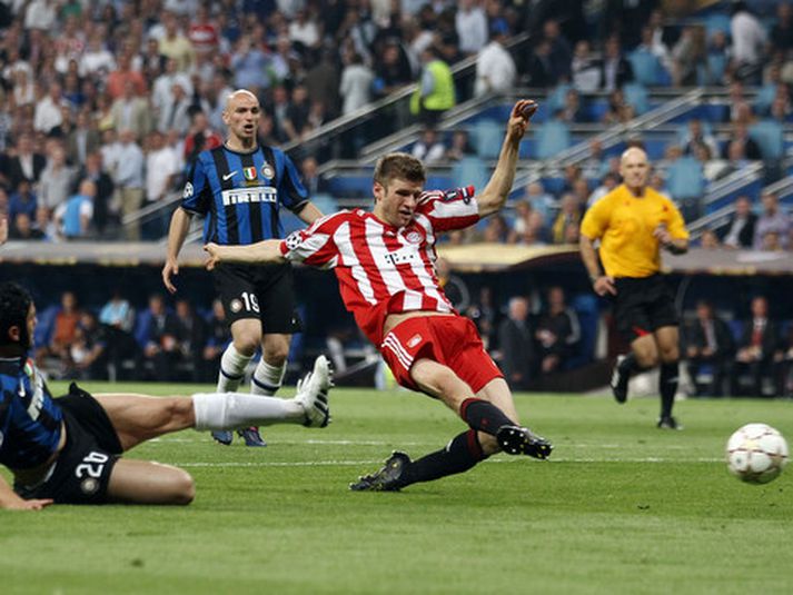 Thomas Müller í besta færi Bayern í Meistaradeildinni.