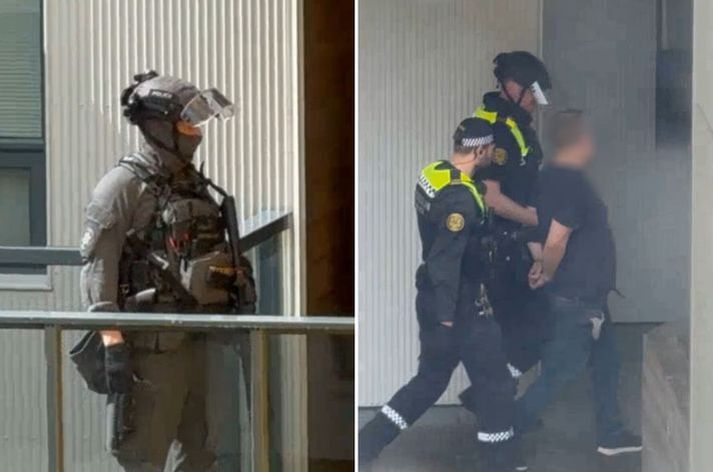 Frá aðgerðum lögreglu á Kársnesi en sérsveitin var kölluð til. Á myndinni til hægri sést hvar maðurinn sem er í gæsluvarðhaldi var leiddur út úr húsinu í handjárnum. 