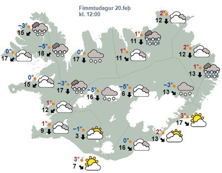 Áttin verður norðlæg og allhvass vindur algengur, hvassast um landið norðvestanvert, en stormur í norðvesturfjórðungi landsins fram yfir hádegi.