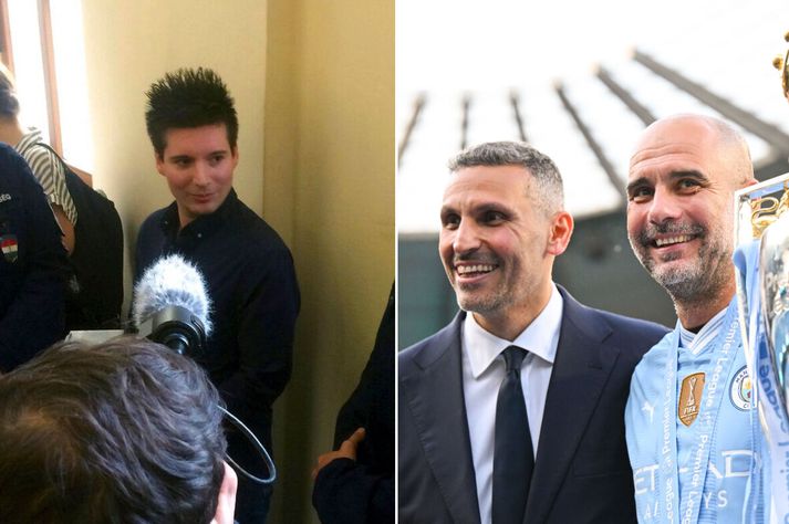 Rui Pinto, á myndinni vinstra megin, kom upp um umtalsverð brot Manchester City á fjárhagsreglum ensku úrvalsdeildarinnar. Á myndinni til hægri má sjá núverandi stjórnarformann Manchester City með fyrrverandi knattspyrnustjóra liðsins, Pep Guardiola