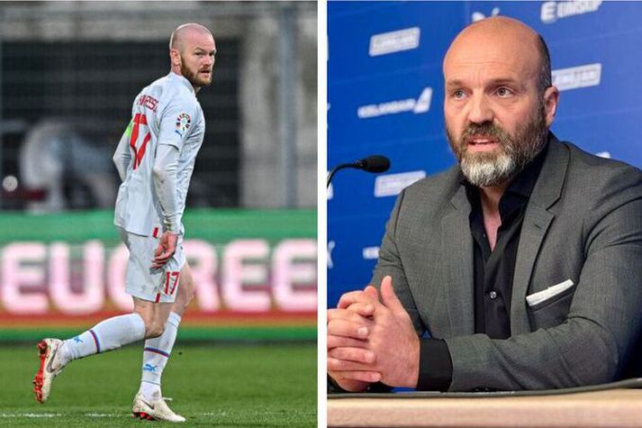 Arnar Gunnlaugsson fór fögrum orðum um Aron Einar Gunnarsson á blaðamannafundinum. 