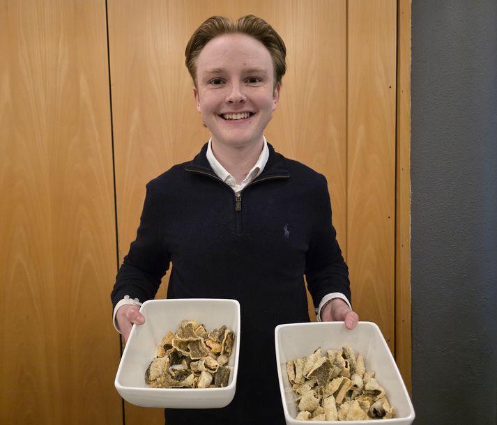 Jóhann Tómas, 19 ára frumkvöðull en varan hans, Roðsnakk mun koma á markað í sumar.