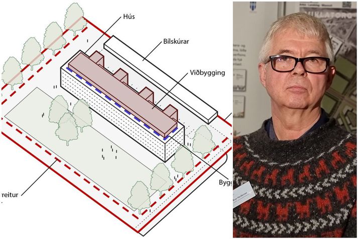 Teikningin sýnir mögulega ofanábyggingu með nýjum íbúðum ásamt lyftum sem tengdar eru við allar hæðir til að bæta aðgengi.