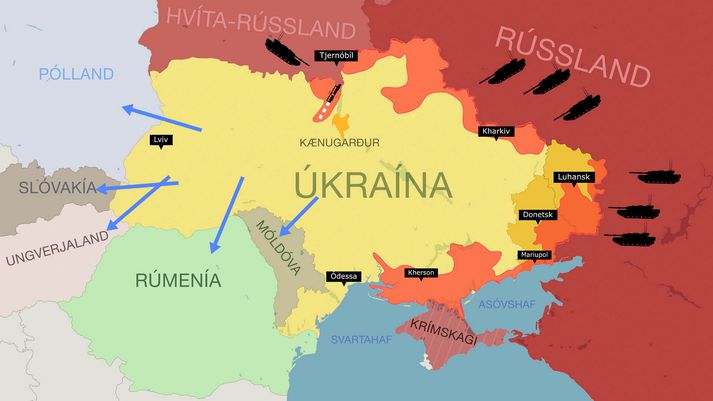 Staðan eftir eina viku. Ljósrautt táknar þau svæði sem Rússar hafa sótt inn á. Bláu örvarnar tákna straum flóttafólks frá Úkraínu. 