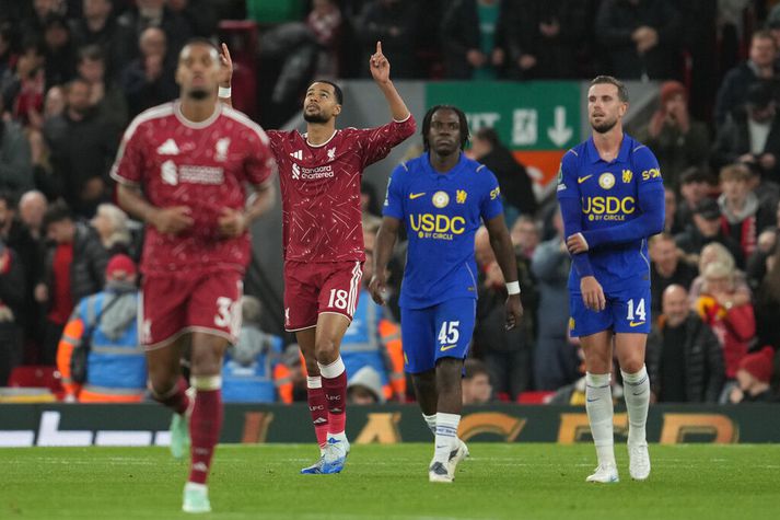 Cody Gakpo fagnar jöfnunarmarki sínu fyrir Liverpool á móti Chelsea á Anfield í kvöld.
