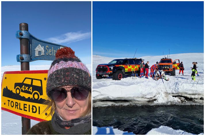 Ragn­heiður var bók­staf­lega ekki með nein vettlingatök þegar hún náði að draga Mumma sinn upp úr jökul­vatni og prílaði síðan upp á kletta­nibbu til þess að geta náð sam­bandi við Neyðar­línuna.