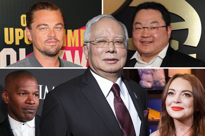 Najib Razak er hér fyrir miðri mynd en með honum á myndinni eru Hollywood-stjörnurnar Leonardo Di Caprio, Jamie Foxx og Lindsay Lohan auk Jho Low sem var nokkurs konar óformlegur ráðgjafi hjá 1MDB og dró sér milljarða úr sjóðnum að því er talið er.