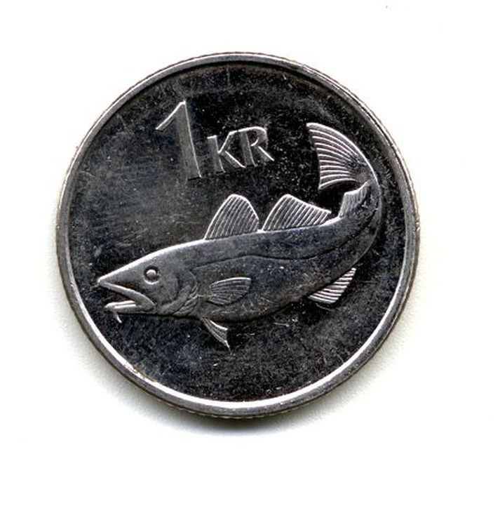 Peningar íslenskir seðlar og mynt 
 ein króna 1 kr.