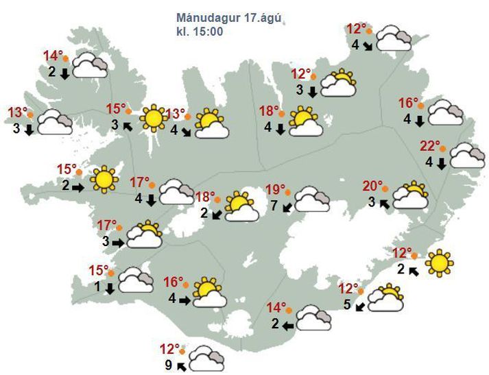 Spákort Veðurstofunnar fyrir klukkan 15 eins og það leit úr í morgun.