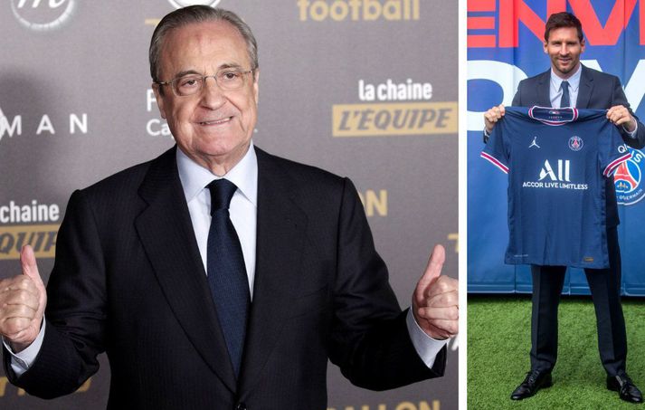 Florentino Perez, forseta Real Madrid, pg Lionel Messi með nýja PSG búninginn.