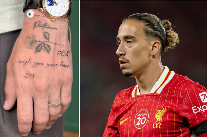 Tsimikas fékk sér flúr á handabakið til minningar um Jota. Sérstök merking var framan á treyju Liverpool í leik helgarinnar við AC Milan vegna Jota.