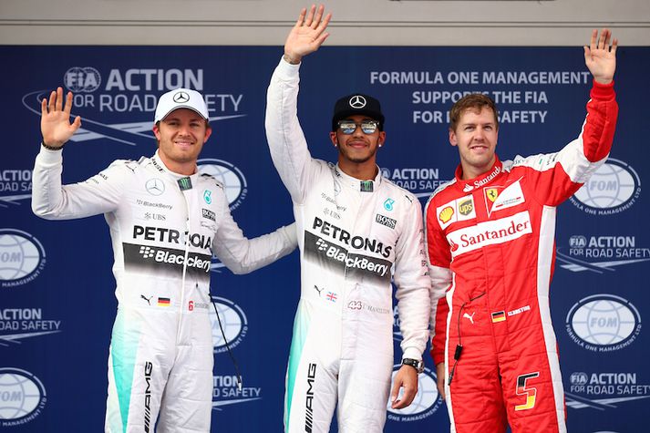 Þrír efstu menn tímatökunnar. Rosberg, Hamilton og Vettel.